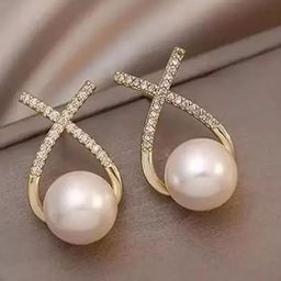 DN ENTERPRISES Gold-Plated Zircon Studded And Pearls Beaded Korean Teardrop Shaped Studs-9