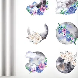 Asian royal Blue & Grey Flower Moon Self Adhesive Decals and Stickers-7
