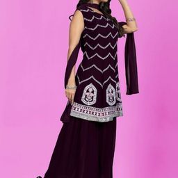 PARROT CREATION Chevron Embroidered Georgette Straight Kurti With Sharara & Dupatta image 4