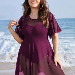 Plus Curvves Plus Size Ruffle Sleeve Swim Dress Cover Up-image-21