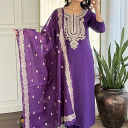 KALINI Ethnic Motifs Yoke Design Pure Silk Straight Kurta With Trousers & Dupatta-12