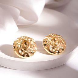 Rubans 18K Gold Plated Textured Round Stud Earrings with Yellow Crystal Stone Detailing-48