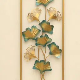 vedas W-Anuja Gold-Toned & Green Rectangular Ginko Wall Hanging-image-6