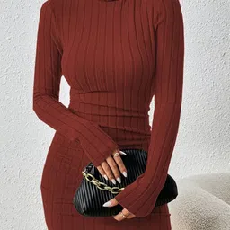 KPOP Women Self Design High Neck Bodycon Mini Dress-image-30