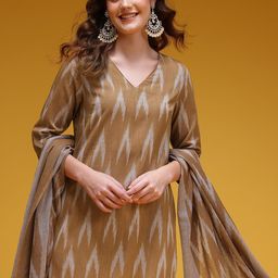 HERE&NOW Women Ikat Print Pure Cotton Kurta with Trousers & Dupatta-image-65