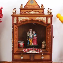DZYN Furnitures Sacred Space Brown Medium Floor Rested Pooja Temple With Door-image-56