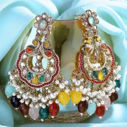 ORANGENYSHA Gold-Plated Stones Studded & Beaded Paisley Shaped Chandelier Drop Earrings-image-52