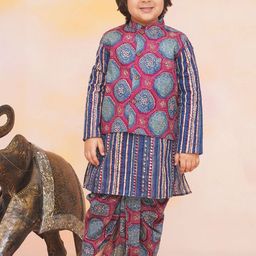 KID1 Boys Geometric Printed Mandarin Collar Pure Cotton Kurta & Dhoti Pants With Jacket-picture-46