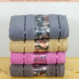 Myntra Elegant Homes 4Pcs Grey Melange & Beige Printed Pure Cotton 450 GSM Hand Towels-7