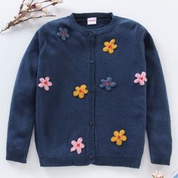Babyhug Acrylic Knit Full Sleeves Pullover Sweaters with Floral Applique - Navy-image-40