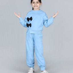 Aww Hunnie Full Sleeves Solid Bow Appliqued Sweatshirt & Joggers Set - Blue-image-9