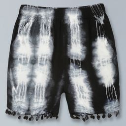 Kiddopanti Pom Pom Lace Hem Tie & Dye Shorts - Black & White-image-92