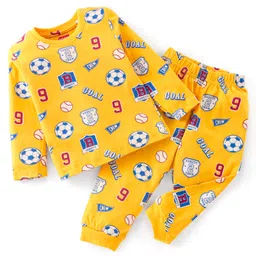 Babyhug Cotton Knit Full Sleeves Night Suit With Football Print - Orange-picture-25