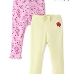 Babyoye Eco Conscious 100% Cotton Full Length Floral Printed Pajamas With Bow Applique Pack of 2- Cream & Pink-image-8