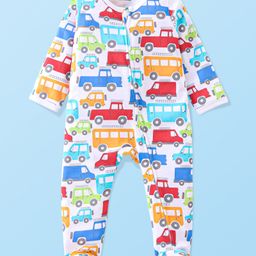 Babyhug Cotton Knit Full Sleeves Sleepsuit with Car Print - White-picture-27