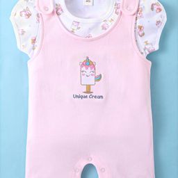 ToffyHouse Dungaree Style Romper with Half Sleeves T-Shirt Ice Cream Print & Embroidery - White & Pink-image-49