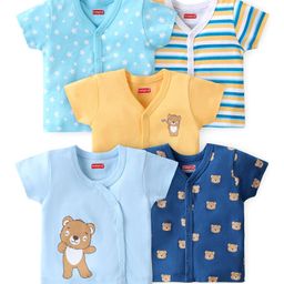 Babyhug 100% Cotton Knit Half Sleeves Front Open Vests Stripes & Bear Print Pack of 5 - White Yellow & Blue-image-33