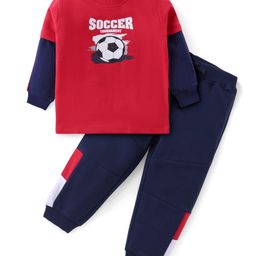 Babyhug Cotton Knit Full Sleeves T-Shirt & Lounge Pants Set With Soccer Print - Red & Navy-image-14