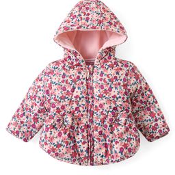Babyhug Woven Full Sleeves Front Open Padded Hooded Jacket with Floral Print & Bow Applique - Pink-image-69