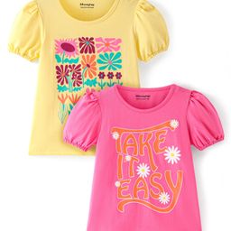 Honeyhap Premium 100% Cotton Knit Half Sleeves Tops with Floral Print Pack of 2 - Yellow & Pink-picture-13