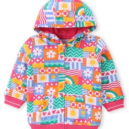 Babyhug Cotton Knit Full Sleeves Front Open Hooded Sweatjacket with Floral Print - Pink-image-57
