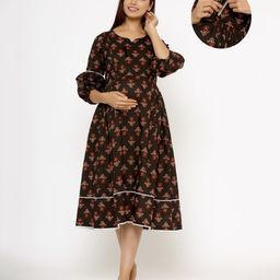 Ikk Kudi by Seerat Cotton Three Fourth Sleeves Floral Boota Printed Maternity Dress With Concealed Zipper Nursing Access -  Black-image-11