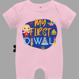 The Peppy Tend Diwali Theme 100% Cotton Half Sleeves My First Diwali Text Printed Half Romper - Pink-picture-24