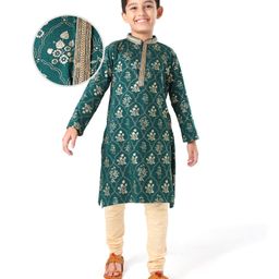 EARTHY TOUCH Single Jersey Knit Full Sleeves Floral Foil Printed Kurta with Solid Color Pajama Set - Teal Blue-image-75