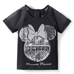 Babyhug Disney Half Raglan Sleeves T-Shirt with Minnie Mouse Graphics Mesh & Sequins Detailing - Black-image-34