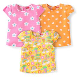 Babyhug Cotton Knit Cap Sleeves T-Shirts with with Floral & Hearts Print Pack of 3 - Yellow Orange & Pink-image-59