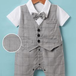 Mark & Mia Woven Half Sleeves Checks Party Romper With Attached Waistcoat & Bow - Grey-image-27