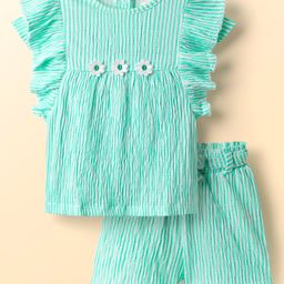Babyhug Cotton Woven Frill Sleeves Top & Shorts Set with Stripes & Floral Applique - Aqua Blue-image-87