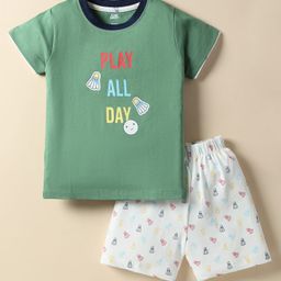 Pink Rabbit Single Jersey Knit Half Sleeves T-Shirt & Shorts Set With Play All Day Text Print - Olive Green-image-22