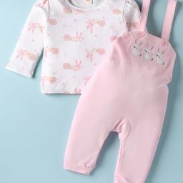 ToffyHouse Interlock Knit Dungaree Style Romper with Full Sleeves Inner Tee Bunny Print & Patch Detailing - Pink & White-picture-1