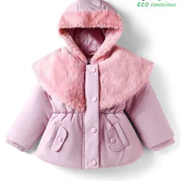 Babyoye Woven Full Sleeves Solid Dyed Hooded Padded Jacket With Fur Detailing - Light Pink-picture-31