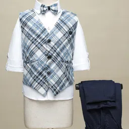 Radutu Full Sleeves Checked 3 Piece Party Suit With Bow Set - Blue & White-picture-33