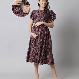 Moms Maternity Woven Flutter Sleevess Floral Printed Maternity Tiered Dress With Side Zipper Nursing Access - Navy Blue-image-86