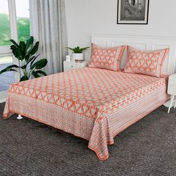 Aura Orange & White Geometric 144 TC Bedsheet with 2 Pillow Covers-picture-5