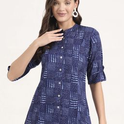 Divena Geometric Printed Mandarin Collar Roll-Up Sleeves Shirt Style Top-43