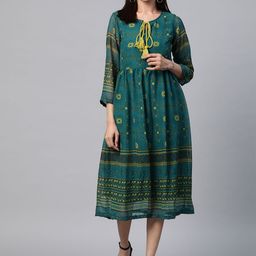 plusS Women Teal Blue & Green Printed A-Line Dress-image-74