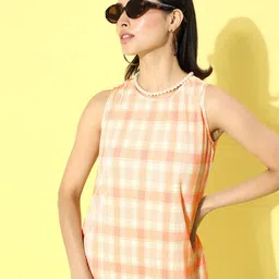 Globus Women Attractive Peach Tartan Checked Dress-image-53