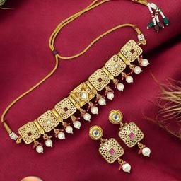FEMMIBELLA Gold Plated Stone Studded & Beaded Meenakari Jewellery Set-image-57