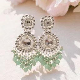 MEIRA JEWELLERY Silver Plated Kundan Stones Studded & Pearls Beaded Teardrop Drop Earrings-4