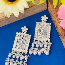 Dhivara Gold Plated Artificial Stones Studded & Beaded Contemporary Drop Earrings-image-86