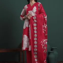 Yufta Women Floral Printed Pure Cotton Kurta with Trousers & Dupatta-image-91
