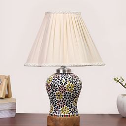 Devansh Off White Textured Frustum Shaped Wooden Table Lamp-18