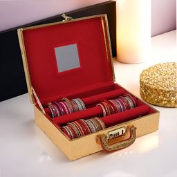 Myntra Elegant Homes Gold-Toned Printed Wooden 3 Rod Mirror Number Lock Velvet Bangle Box-29