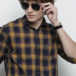 The Indian Garage Co Men Navy Blue & Mustard Yellow Checked Casual Shirt-picture-40