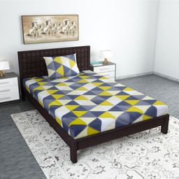 Divine Casa Geometric Blend Cotton Single Bedsheet with 1 Pillow Cover - Grey & Yellow-11
