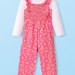 Babyhug 100% Cotton Knit Dungarees With Full Sleeves T-Shirt Floral Print - White & Pink-picture-16